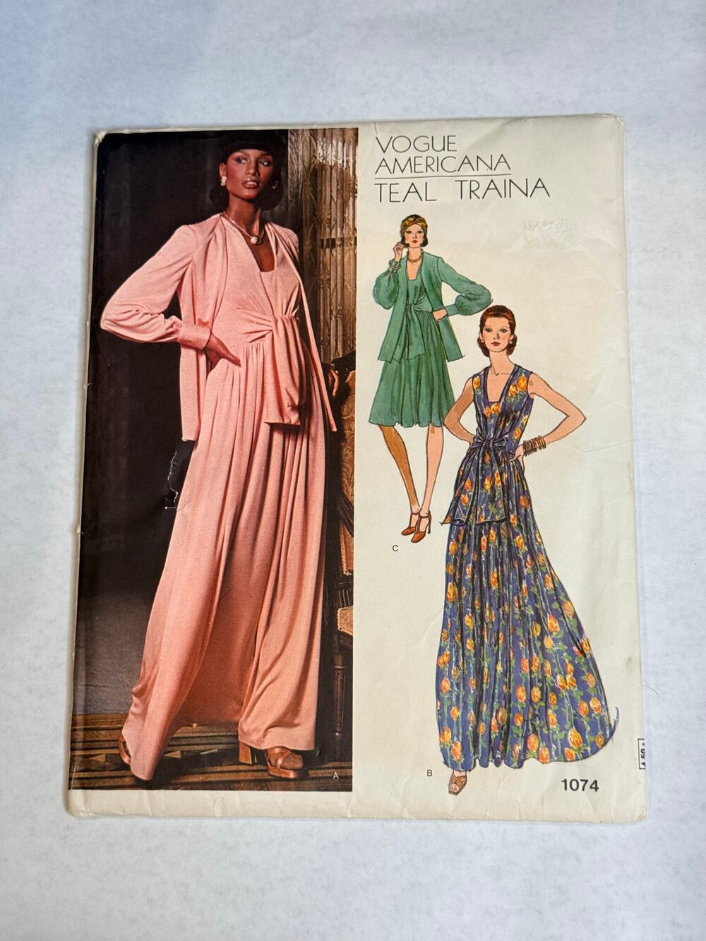 Vtg 1974 Vogue Americana 1074 Teal Traina Evening Dress Jacket Pattern Sz 14